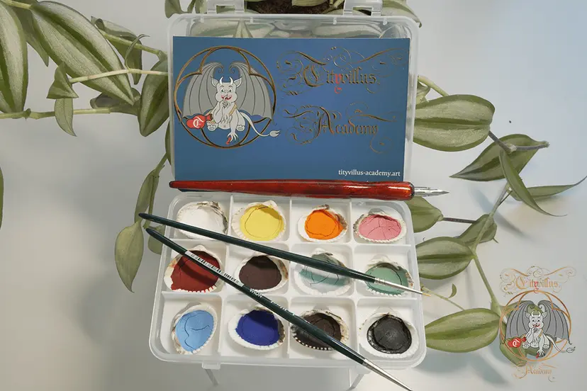 Kit d’enluminure : douze pigments préparés, pinceaux et plume